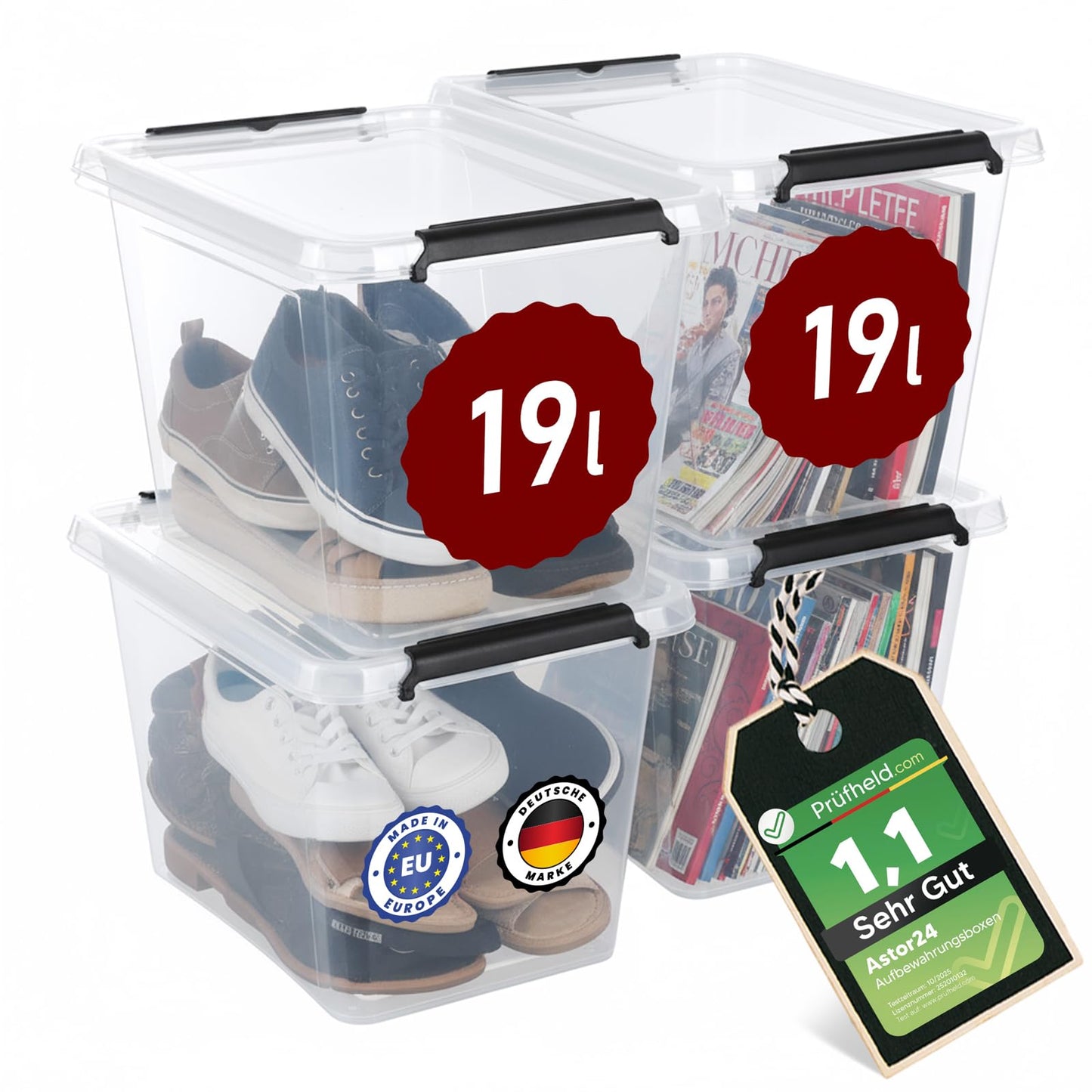 astor24 Storage Box with Lid - Transparent Organiser 40 L - Food Safe - Stackable. Ideal for Office, Children's Room, Clothes Boxes - Kitchen - Workshop