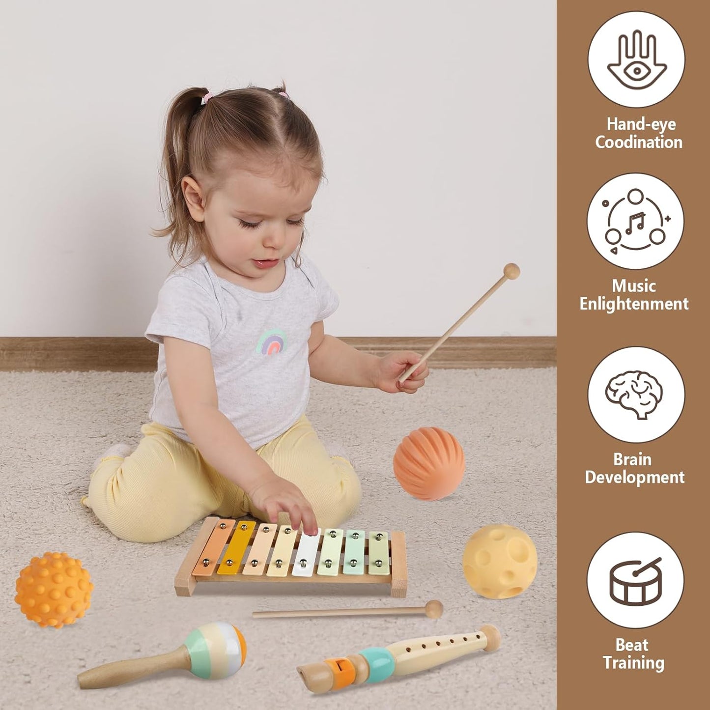 Baby Toy for 6 to 12 Months Baby Montessori Toy Includes Wooden Stacking Stones, Infant Teething Toys, Sensory Balls and a Xylophone Musical Toy for Toddlers Over 1 Year Old