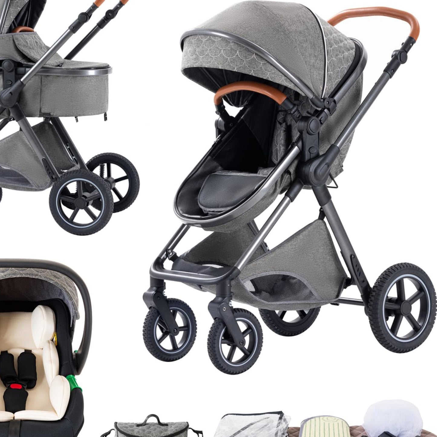 BEBBY 3-in-1 Pushchair Combination Pram Set 2-in-1 Buggy Foldable Luxury High Landscape Newborn Portable Foldable Pushchair Travel System (Black Gold, H2)