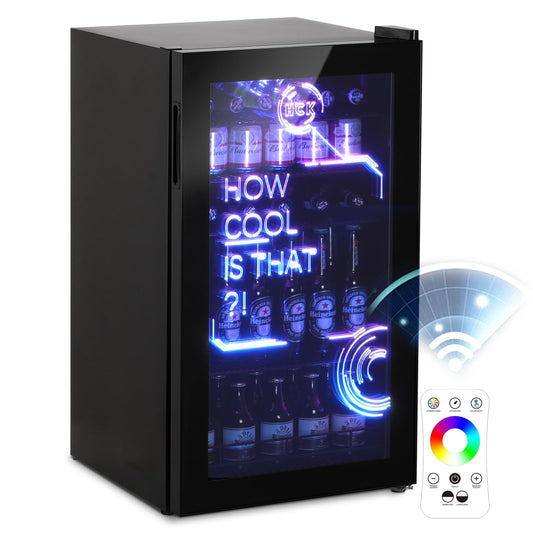 HCK 98L Getränkekühlschrank mit Cyberpunk RGB Beleuchtung, Minibar kleine Kühlschrank mit Glastür, lautlos 39dB, 0-15°C, Bierkühlschrank für Spielzimmer, Küche, Schwarz