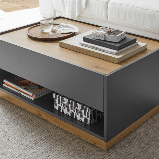 Lomadox Coffee Table Living Room in Anthracite with Wotan Oak Inserts W x H x D Approx. 90 x 38 x 60 cm