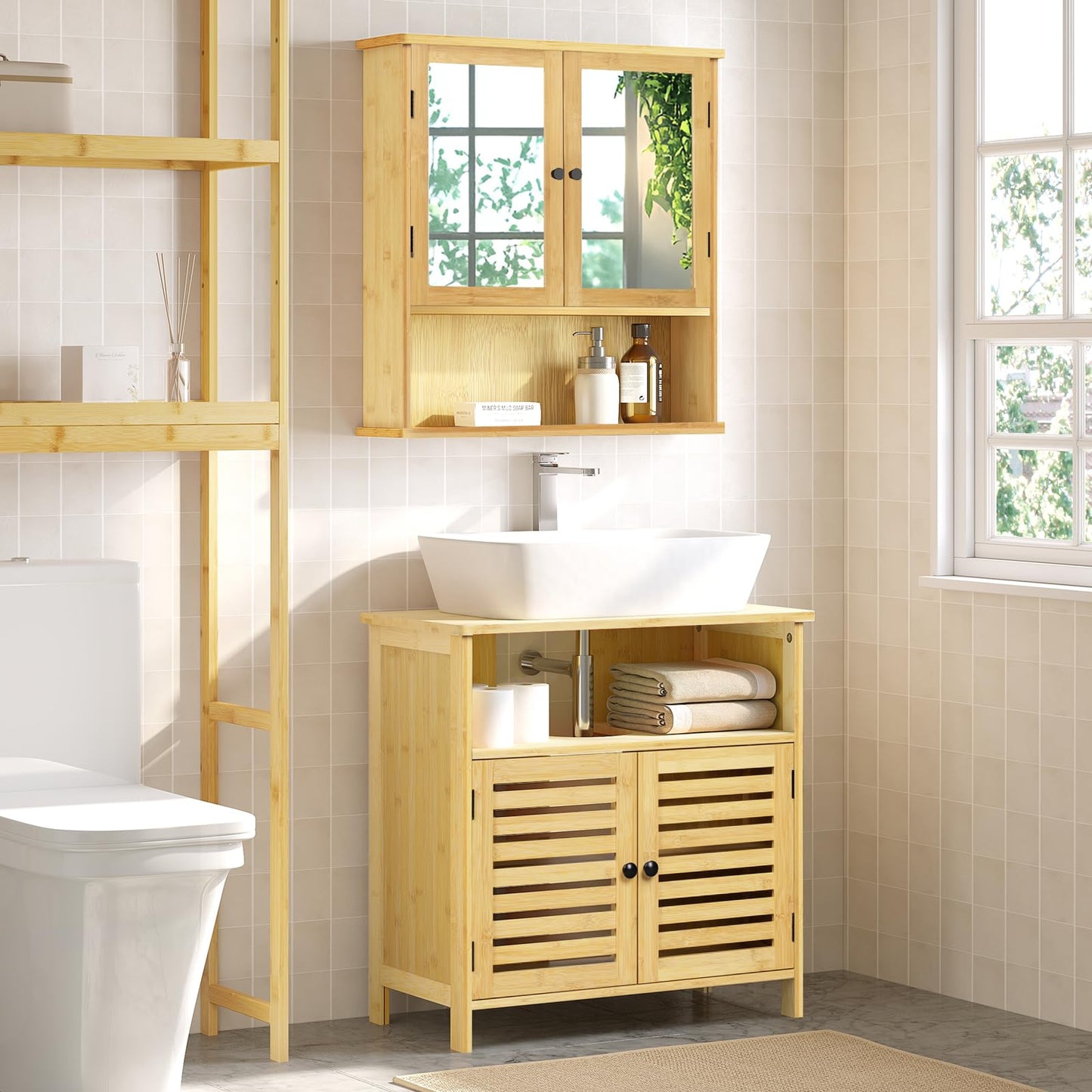 EUGAD Bamboo Vanity Unit with Slat Doors, Adjustable Shelf, 60 x 60 x 30 cm