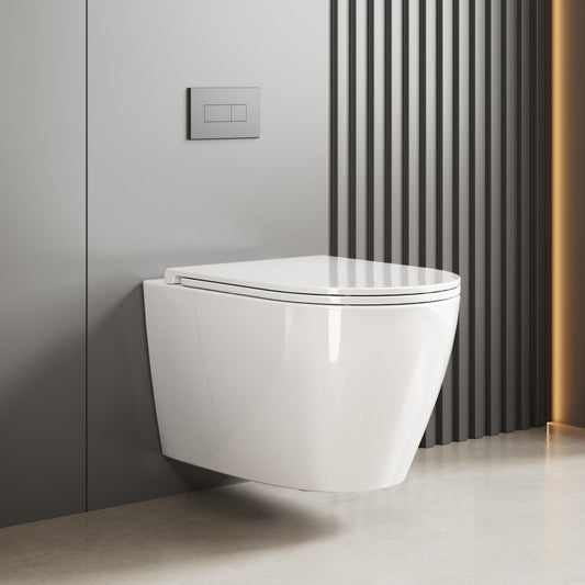 Hängend WC Spülrandlos Toilette, Wand-WC Set aus Keramik mit Toilettendeckel Abnehmbaren Absenkautomatik Effizienter Spültechnik Hängetoilette, D-Form,Lang 51cm, Weiß
