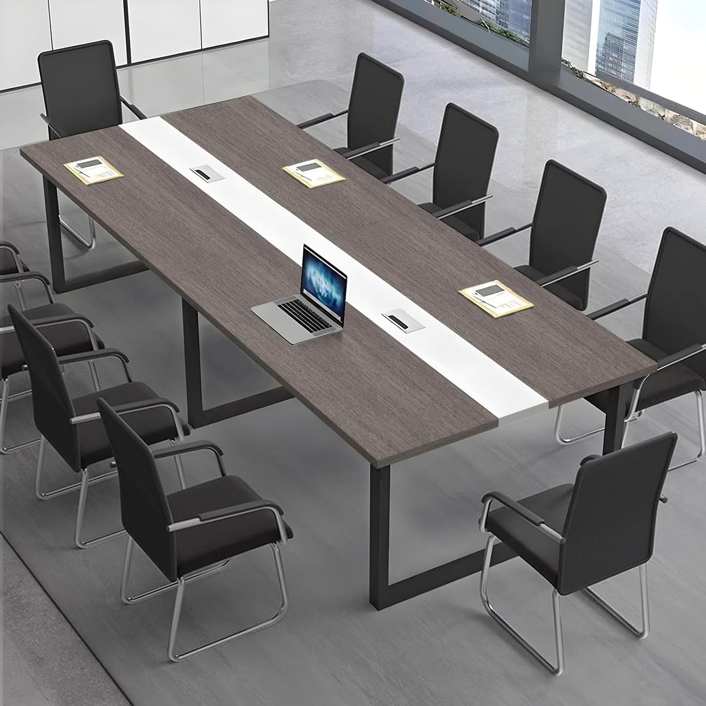 Large Conference Table, Modern Meeting Table with Cable Channel and Black Metal Frame for 8-12 People, Rectangular Seminar Table for Office, Conference Room