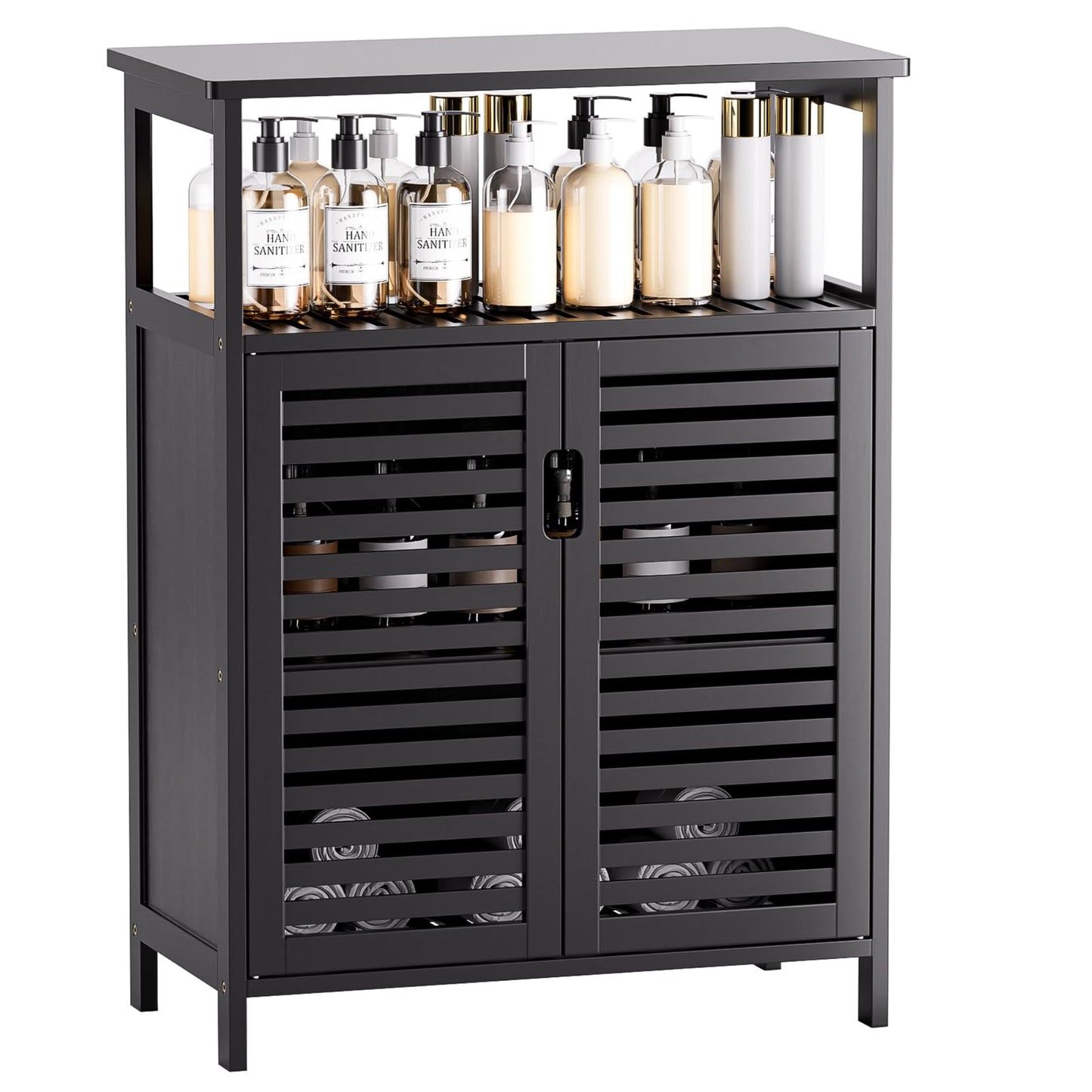 HITNET Bathroom Cabinet Bamboo Black Bathroom Cabinet with 2 Doors Freestanding Cabinet for Bathroom, Living Room and Bedroom