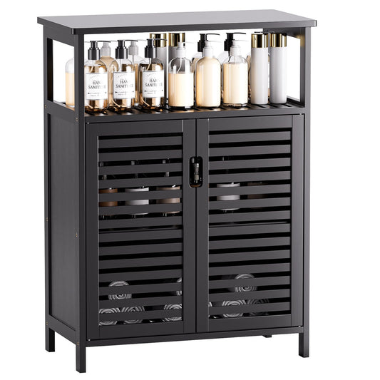 HITNET Bathroom Cabinet Bamboo Black Bathroom Cabinet with 2 Doors Freestanding Cabinet for Bathroom, Living Room and Bedroom