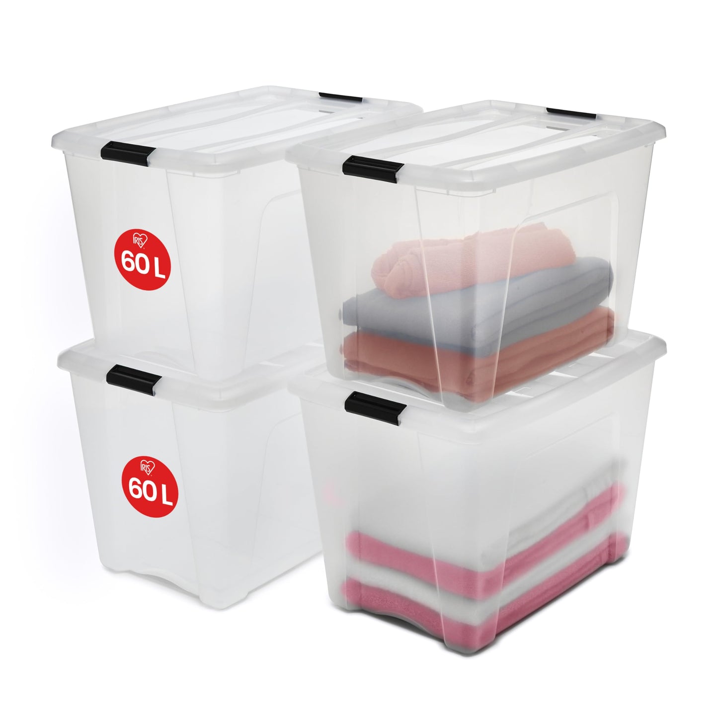 Iris Ohyama Storage Box with Lid, 80L, Set of 4, Transparent, Snap Latches with Handles, Stackable, Strong & Durable, for Clothes, Garage, Home, Office, Plastic Box, Storage TB-84D