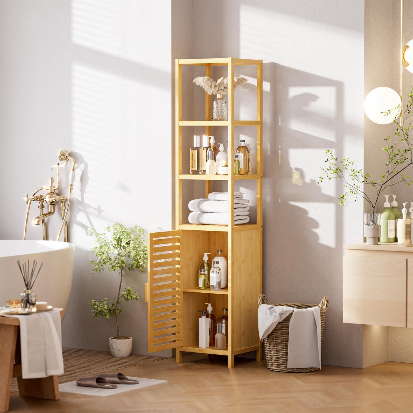 HITNET Bathroom Cabinet Bamboo Black Bathroom Cabinet Tall Cabinet Narrow Freestanding Floor Standing with Open Shelf and Single Door