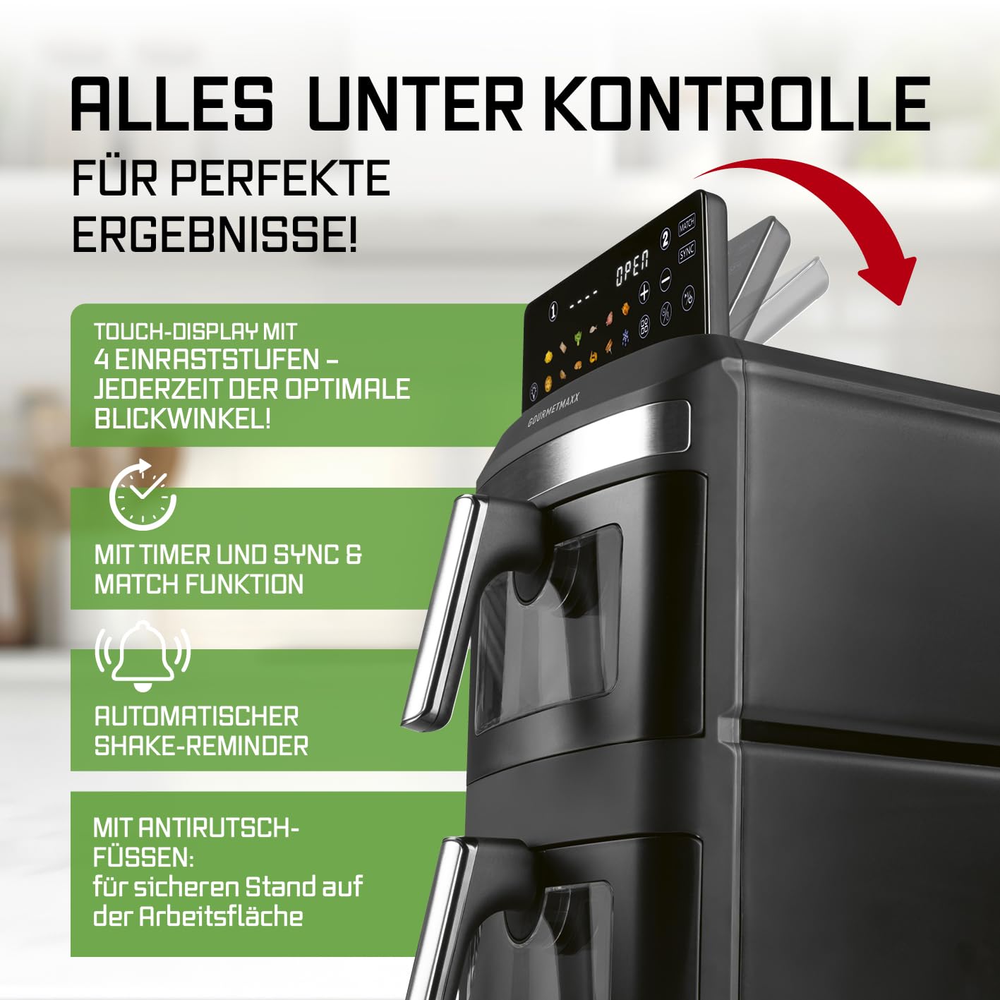GOURMETmaxx Digitale Heißluftfritteuse 12 L, XXL-Edelstahl-Ofen | Airfryer + Timer, Touchdisplay, Drehspieß | fettarm, energiesparend frittieren | 10 Programme inkl. Pizza | 1800 W