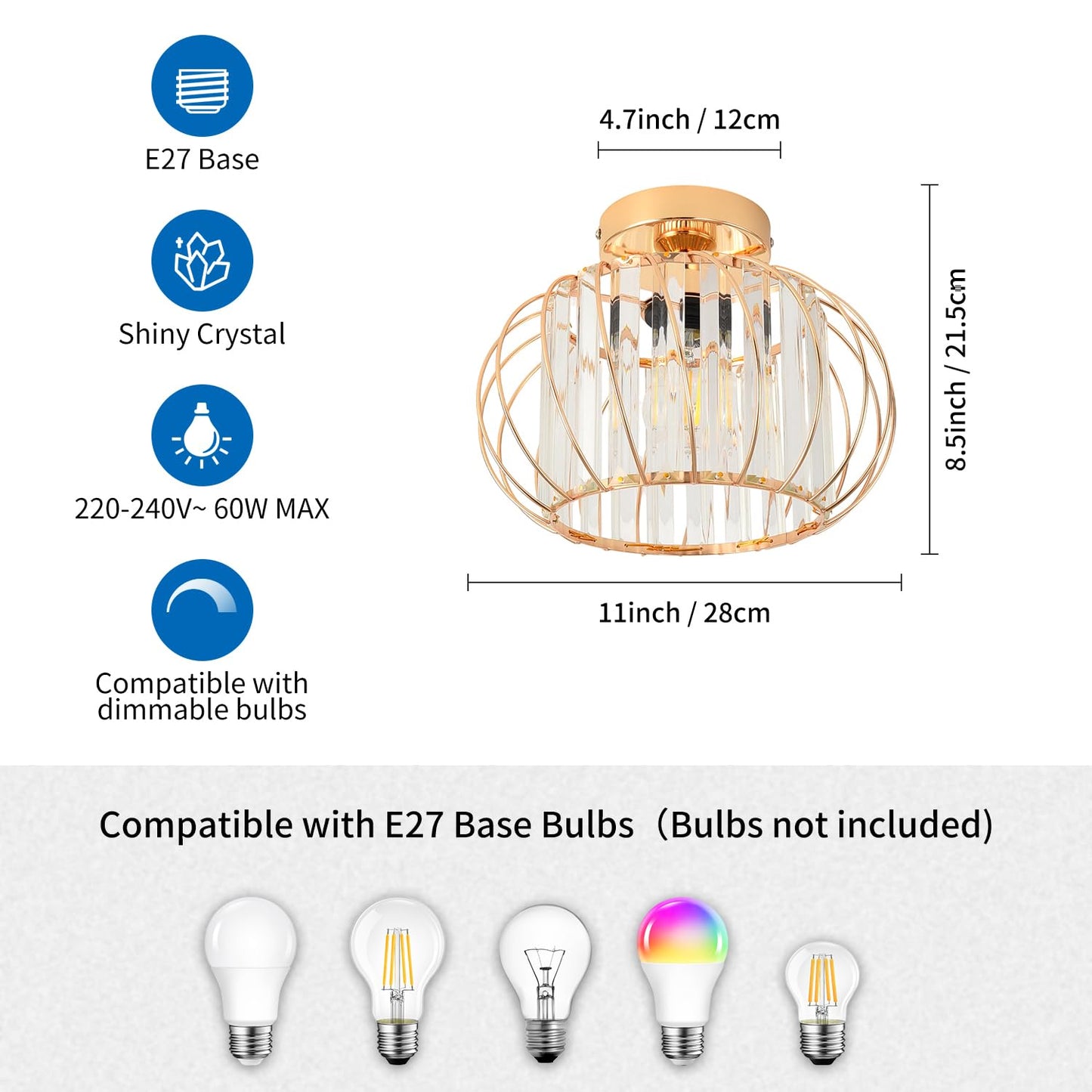 ANWIO Kristall Deckenleuchhte Kronleuchter, Wohnzimmer Lampe, Deckenleuchte E27 für Flur Balkon Küche Schlafzimmer Dekorative, Schwarz, Φ28CM