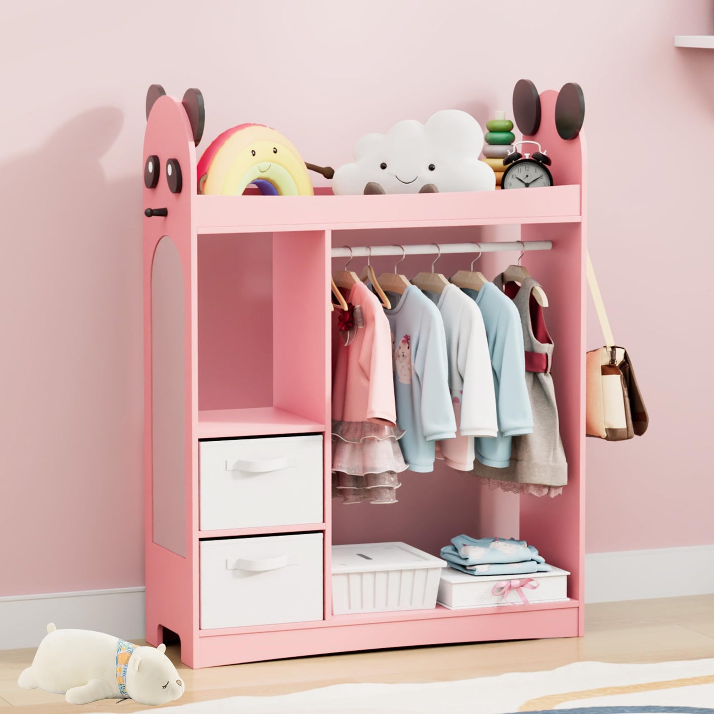 Children's Clothes Rack with Mirror, Clothes Rail with Shelves, Children's Wardrobe Wood, Children's Shelf for Children's Room, 81 x 28 x 106.5 cm (Clouds with 2 Drawers, White)