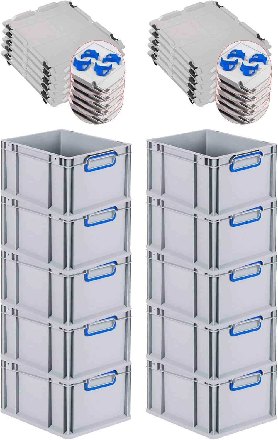 PROREGAL Economy Set of 5 Eurobox NextGen Colour with Lid and Sliding Snap Fasteners, H x W x D 22 x 30 x 40 cm, 20 L, Black, Closed Handles, Euro Container, Transport Box, Transport Container