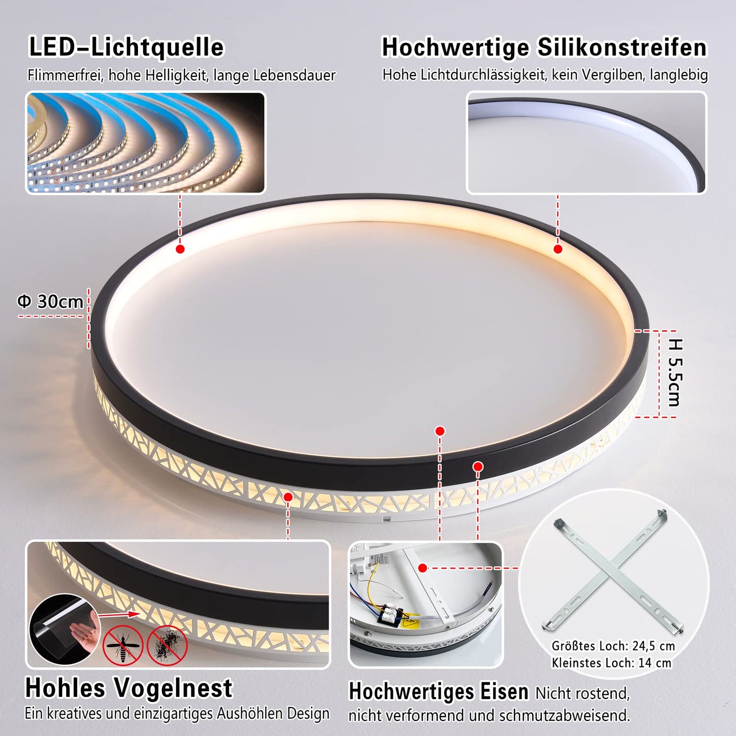 LED Ceiling Light 3000 K Warm Light Bedroom Lamp 30 W 30 cm Round Black Hollow Design "Bird's Nest" Ceiling Lamp Bedroom 3000 lm Not Dimmable