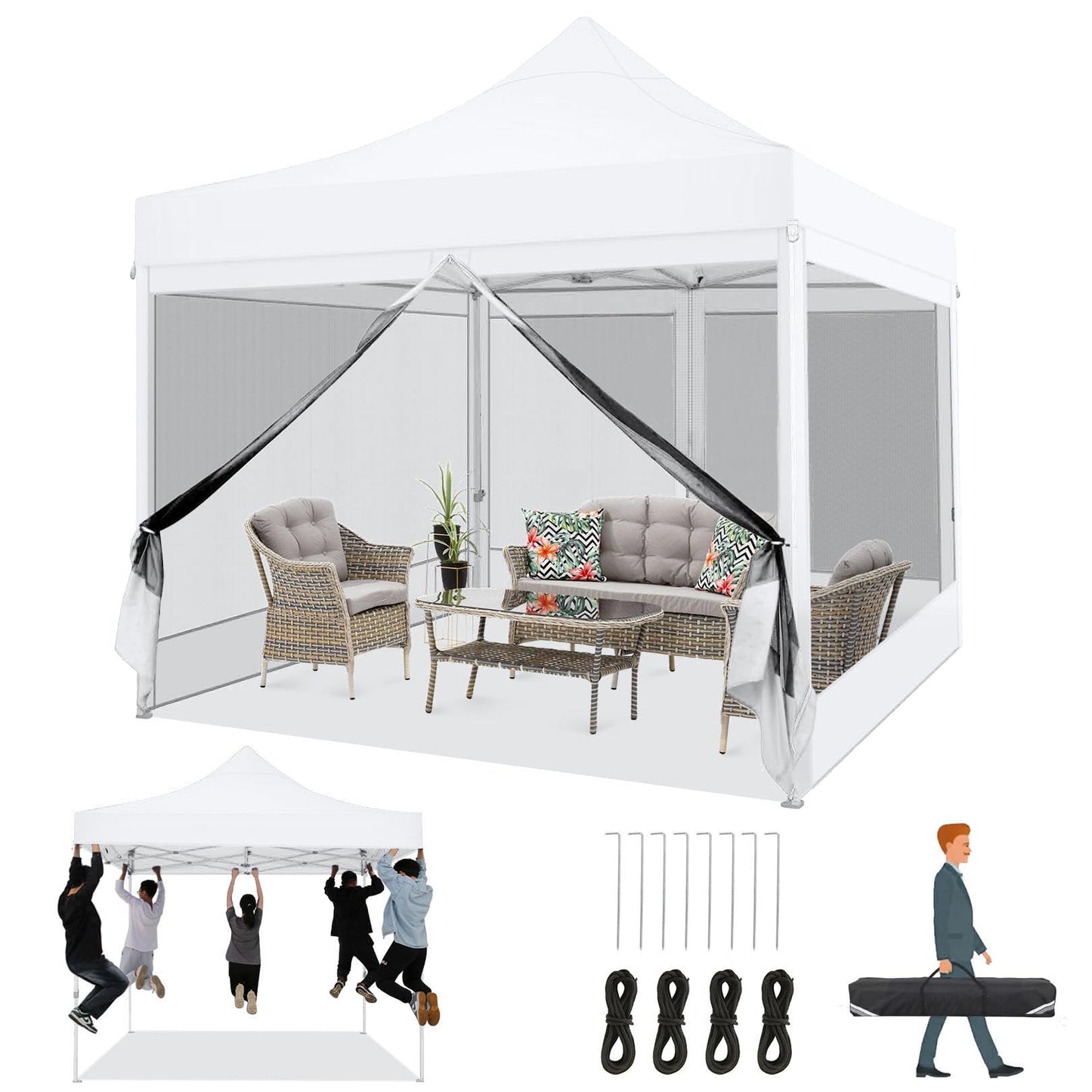 COBIZI Folding Gazebo 3 x 3 m Gazebo 3 x 3 m Waterproof Stable Party Tent Foldable with 4 Side Walls Mosquito Net Pop Up Garden Gazebo Anti-UV for Garden, Grey