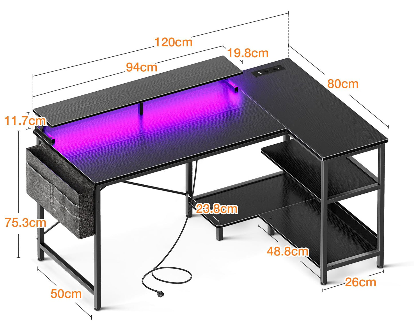 Coleshome Gaming Table L Shape with LED and Sockets, 120 x 80 cm Corner Desk with Shelf, Reversible Desk, L Shape, Black with Monitor Stand, Corner Table for Office, Study