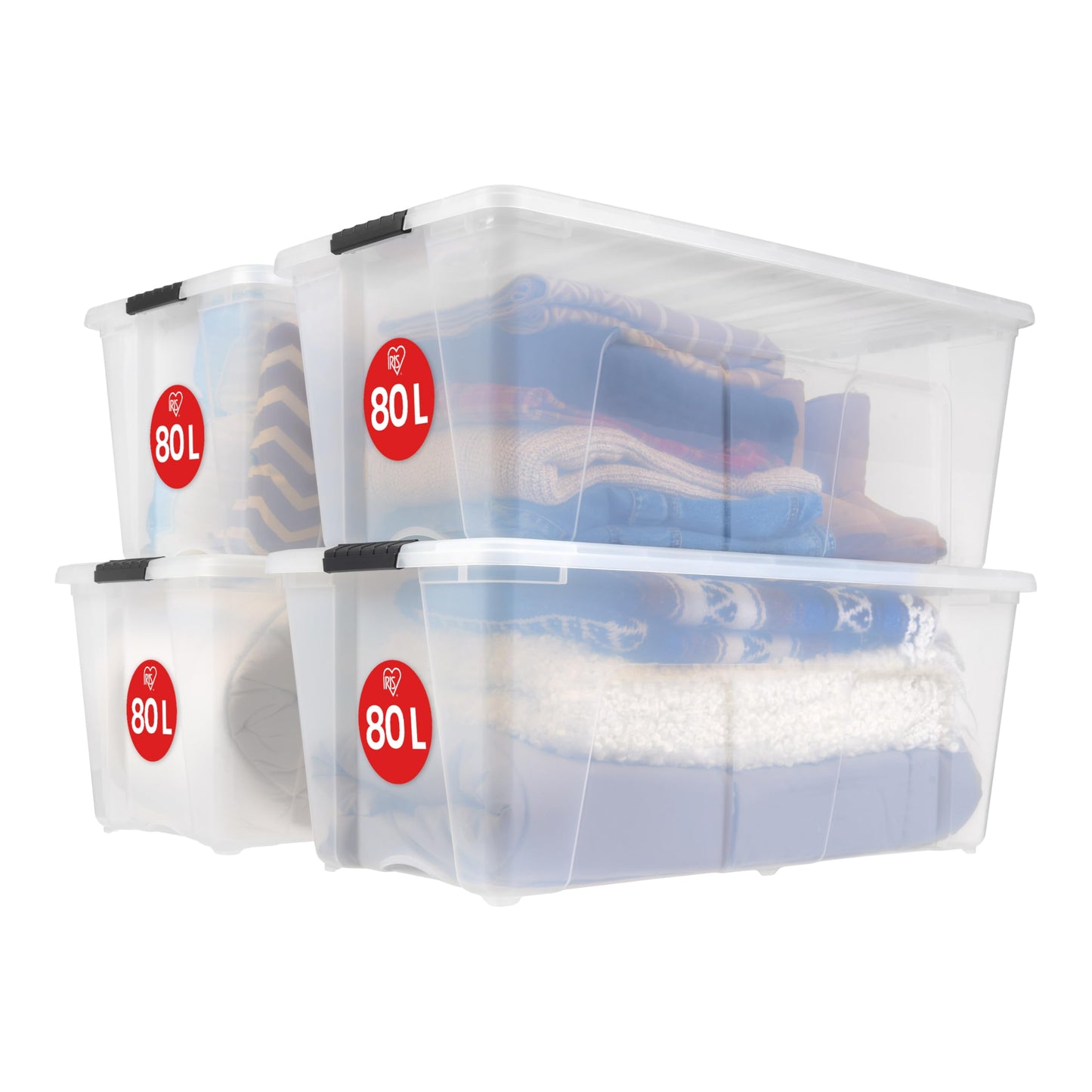 Iris Ohyama Storage Box with Lid, 80L, Set of 4, Transparent, Snap Latches with Handles, Stackable, Strong & Durable, for Clothes, Garage, Home, Office, Plastic Box, Storage TB-84D