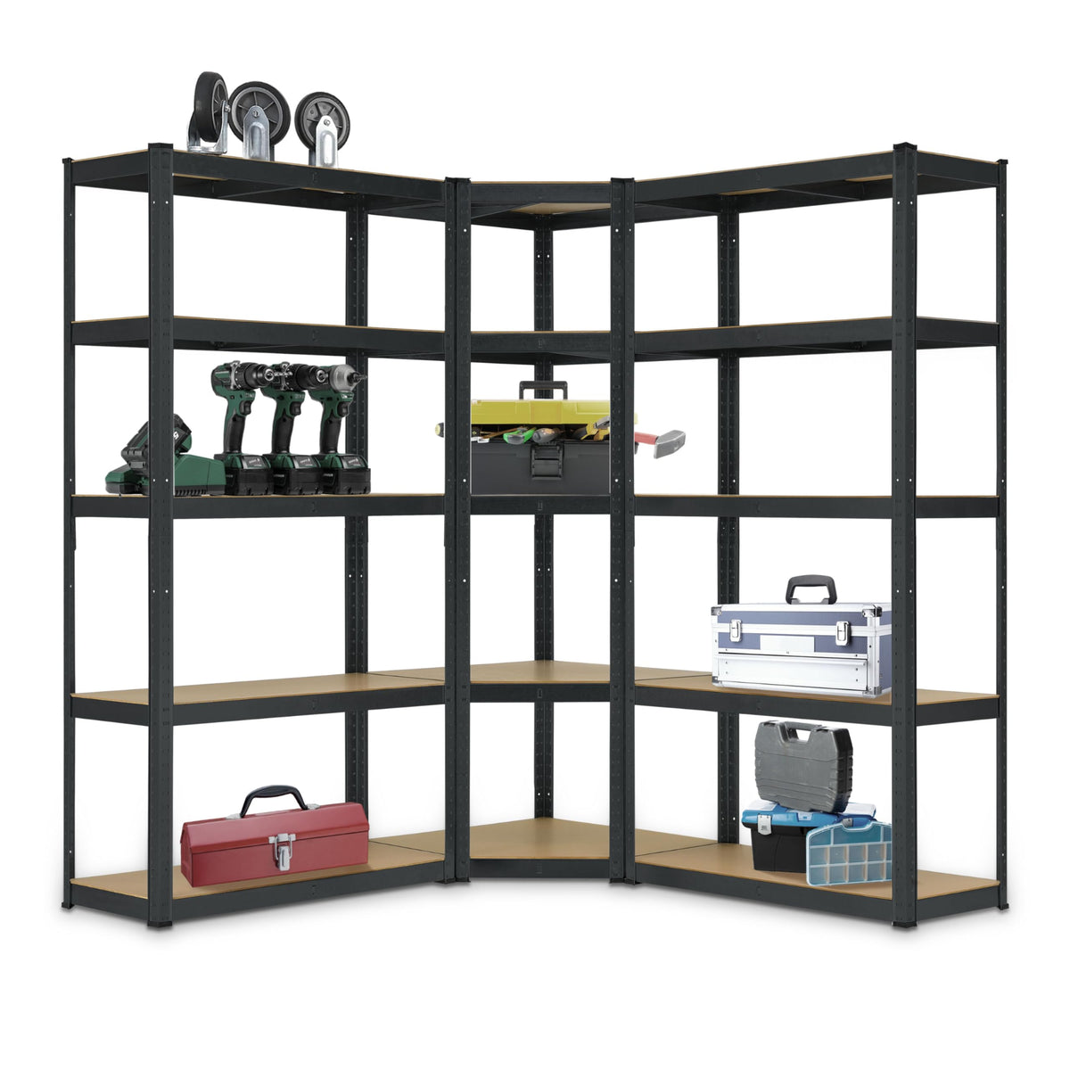 Juskys 3 Shelf System Metal Basic | 1 Corner Shelf & 2 Storage Shelves | 15 Shelves Made of MDF Wood | 2625 kg | Heavy Duty Shelving Storage Shelving Basement Shelving (Grey)