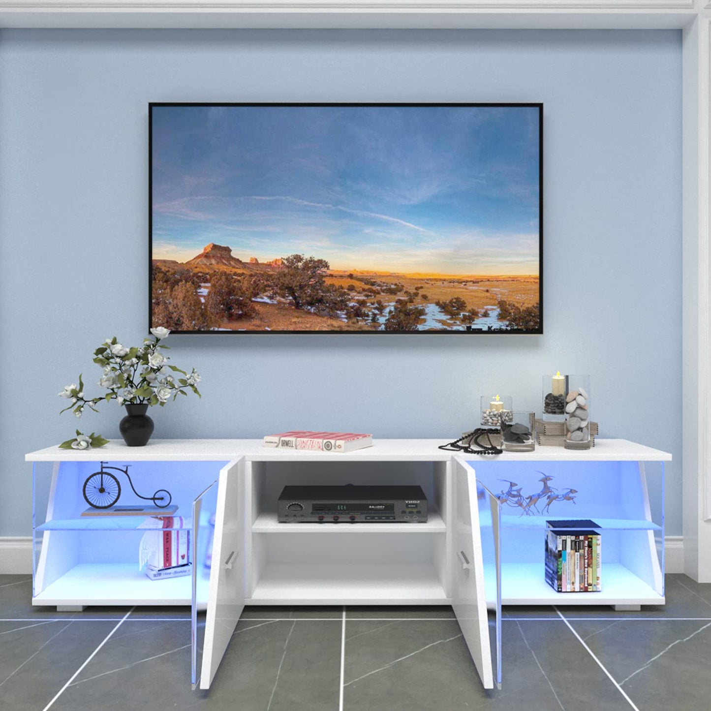 Dripex TV Lowboard White High Gloss with LED Lighting Cabinet TV Table TV Display Cabinet 150 x 37 x 35 cm