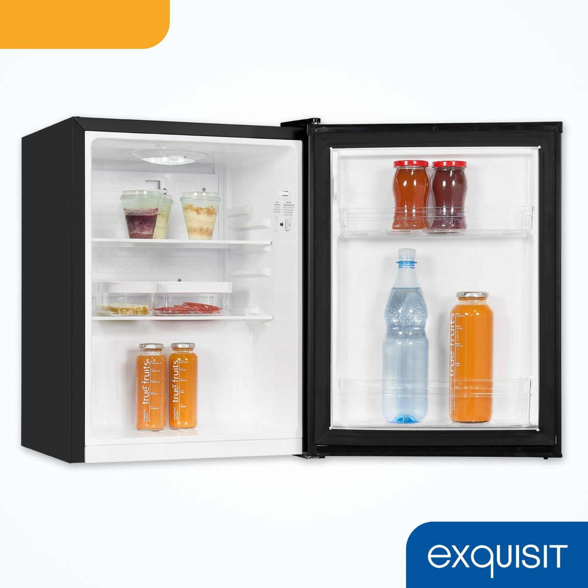 Exquisit KB560-V-091E Mini Fridge, Fridge without Freezer, 50 Litres, 45 cm Width, LED Interior Lighting, Temperature Control, Small Fridge, Black
