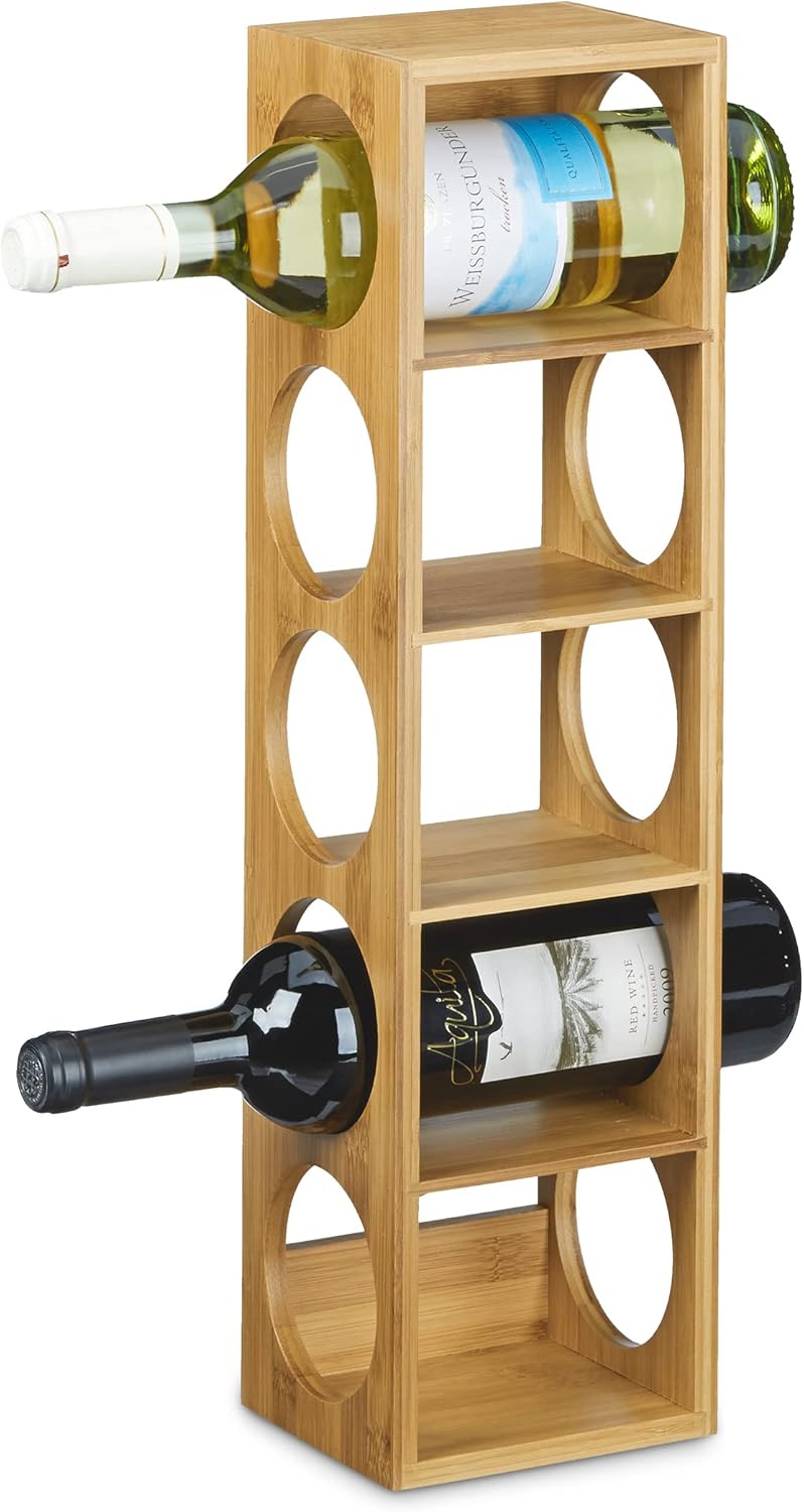 Relaxdays Bamboo Rack Size 53 x 14 x 12 cm, 5 Levels, Modern Bottle Storage Wine Holder for Horizontal Hold, Stackable, Natural Brown, Wood 12 x 14 x 53 cm
