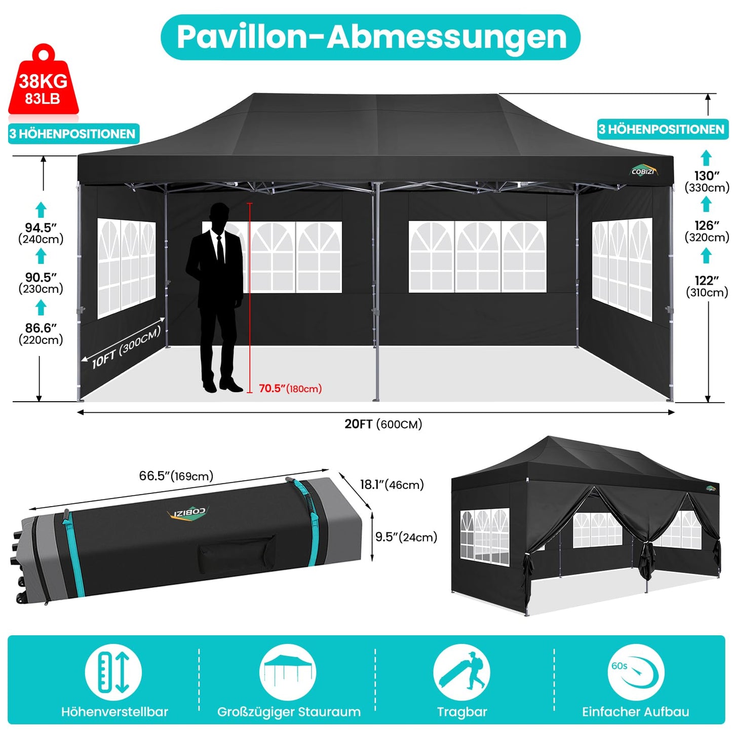 Tooluck Folding Gazebo, 3 x 4.5 m, Waterproof, Stable, Outdoor, Garden Party Tent, UV Protection 50+, with 4 Side Panels, Grey