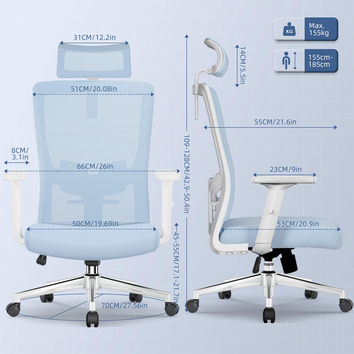 Ergonomic Office Chair with Adjustable Lumbar Support, Armrests and Headrest, Swivel Office Chair 150 kg, Desk Chair, Executive Chair, Rocker Function up to 135°