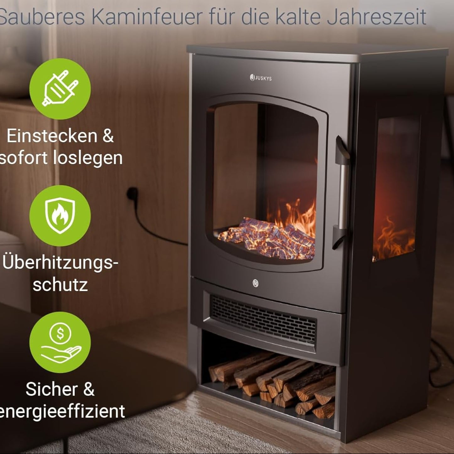 Juskys Electric Fireplace 1800W - Black, Electric Standing Fireplace with LED Flame Effect, WiFi/App Control, Remote Control