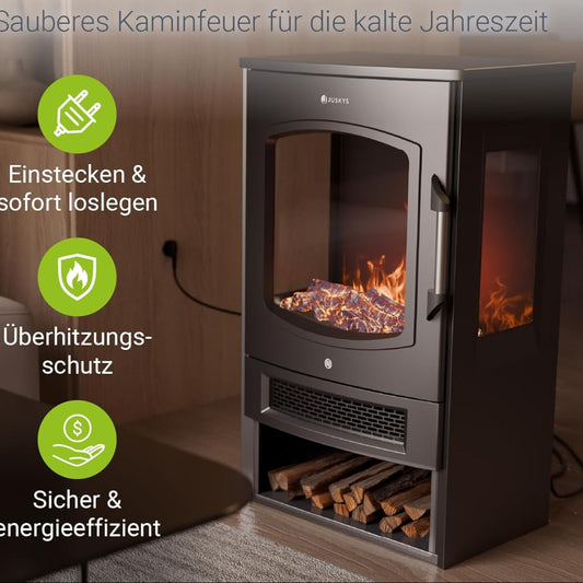 Juskys Electric Fireplace 1800W - Black, Electric Standing Fireplace with LED Flame Effect, WiFi/App Control, Remote Control
