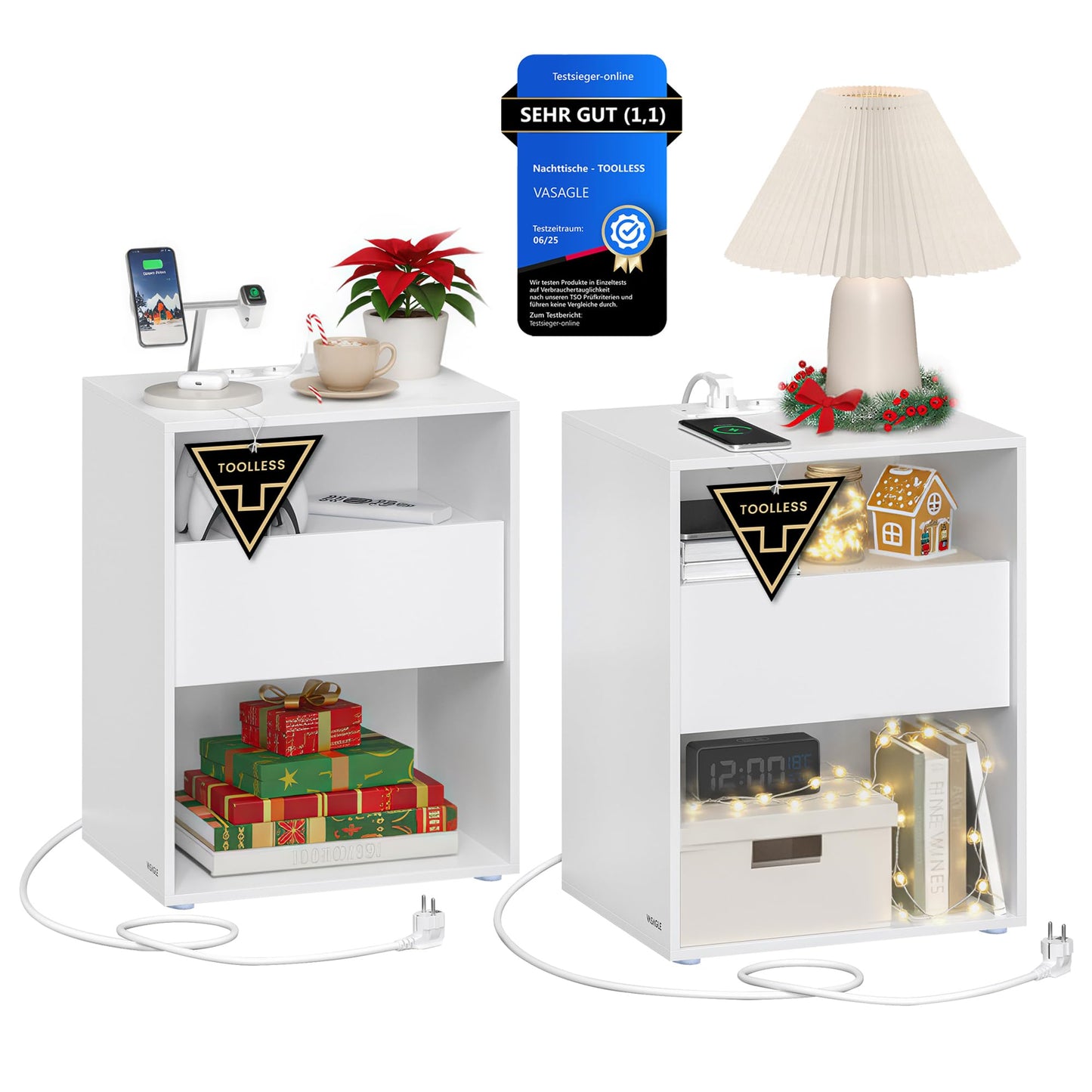 VASAGLE Bedside Table Set of 2, Toolless Technology, Super Fast Tool-Free Assembly, Side Table 3 Drawers, Bedside Cabinet, Bedroom, Living Room, Ink Black/Cappuccino Beige LET779B01