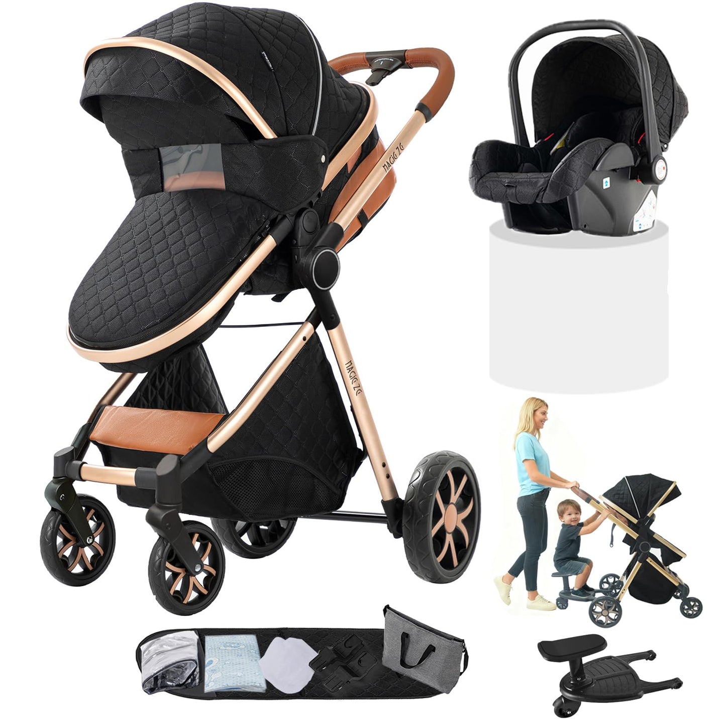 Doraystar 360° Rotation PU Leather Pushchair 3-in-1 Combination Pushchair 3-in-1 with Two Reversible Sliding Modes, Pushchair Complete Set with One-Click Folding Design, Aluminium Alloy Frame (906