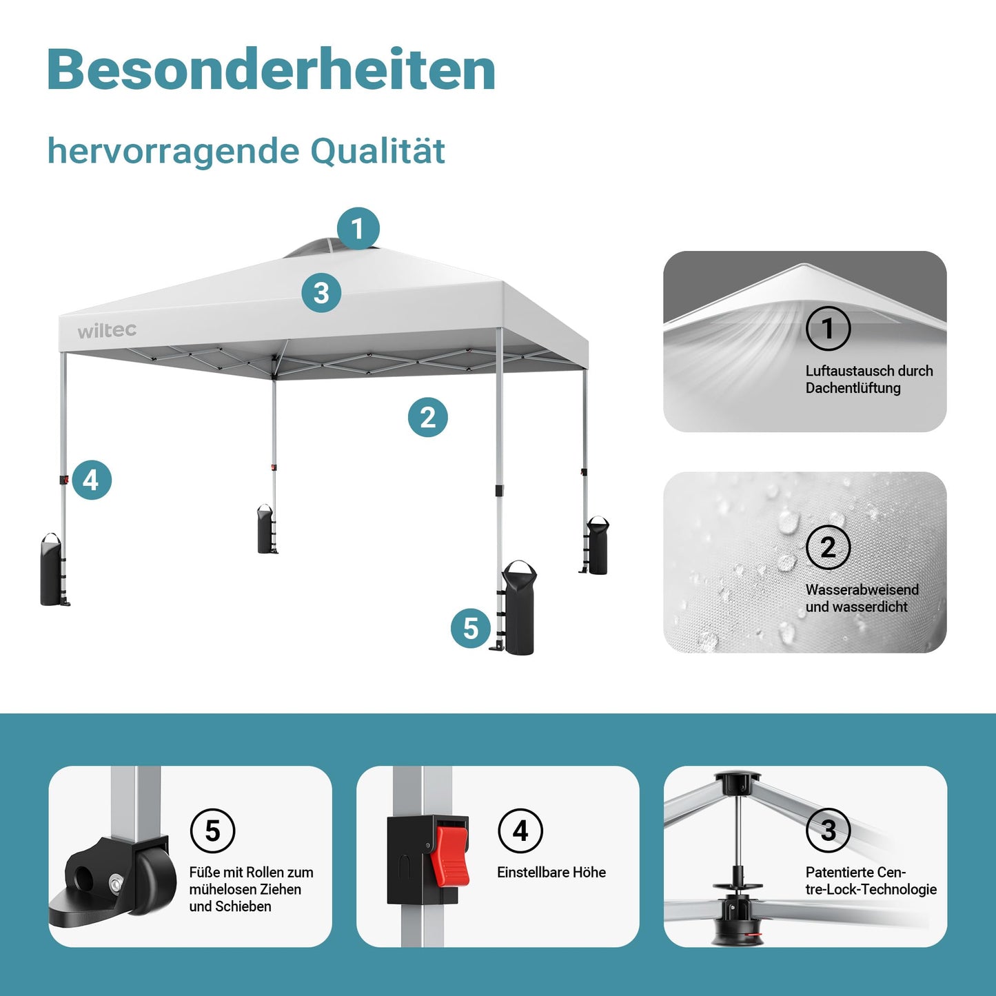 Wiltec Folding Gazebo Mosquito Net 4 x 4 m Beige Garden Gazebo with Wheels and Mosquito Net Party Tent with One Push Technology and Adjustable Legs