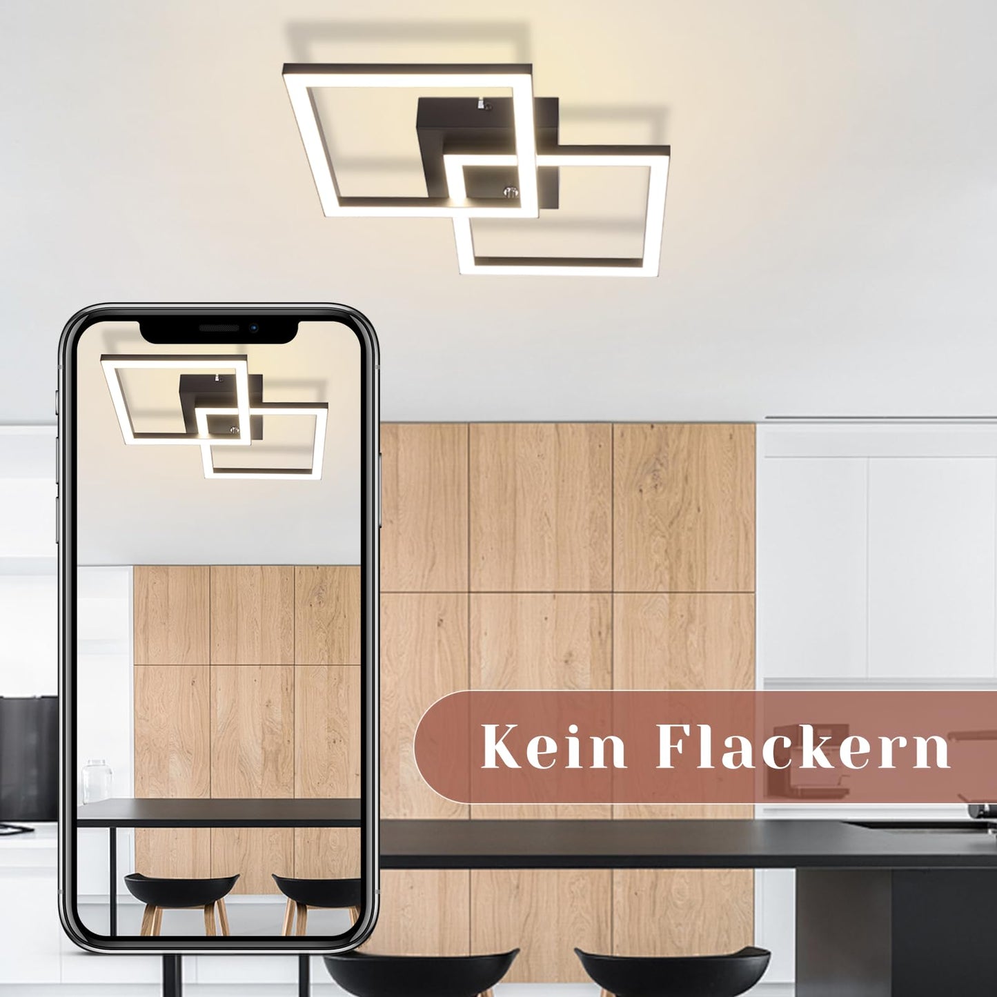 Homefire LED Ceiling Light, Kitchen, 24 W, Kitchen Lamp, Black, Living Room Lamp, Modern Design, Hallway Lamp, Warm White, Hallway, Bedroom Lamp, Square, for Living Room, Bedroom