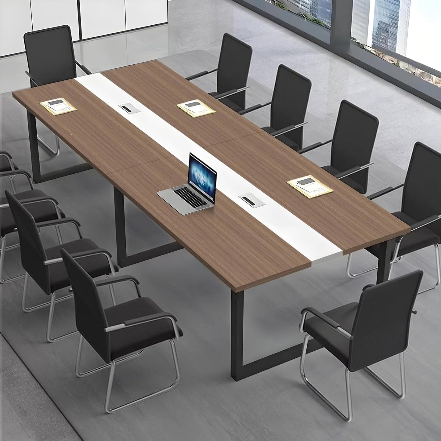 Large Conference Table, Modern Meeting Table with Cable Channel and Black Metal Frame for 8-12 People, Rectangular Seminar Table for Office, Conference Room