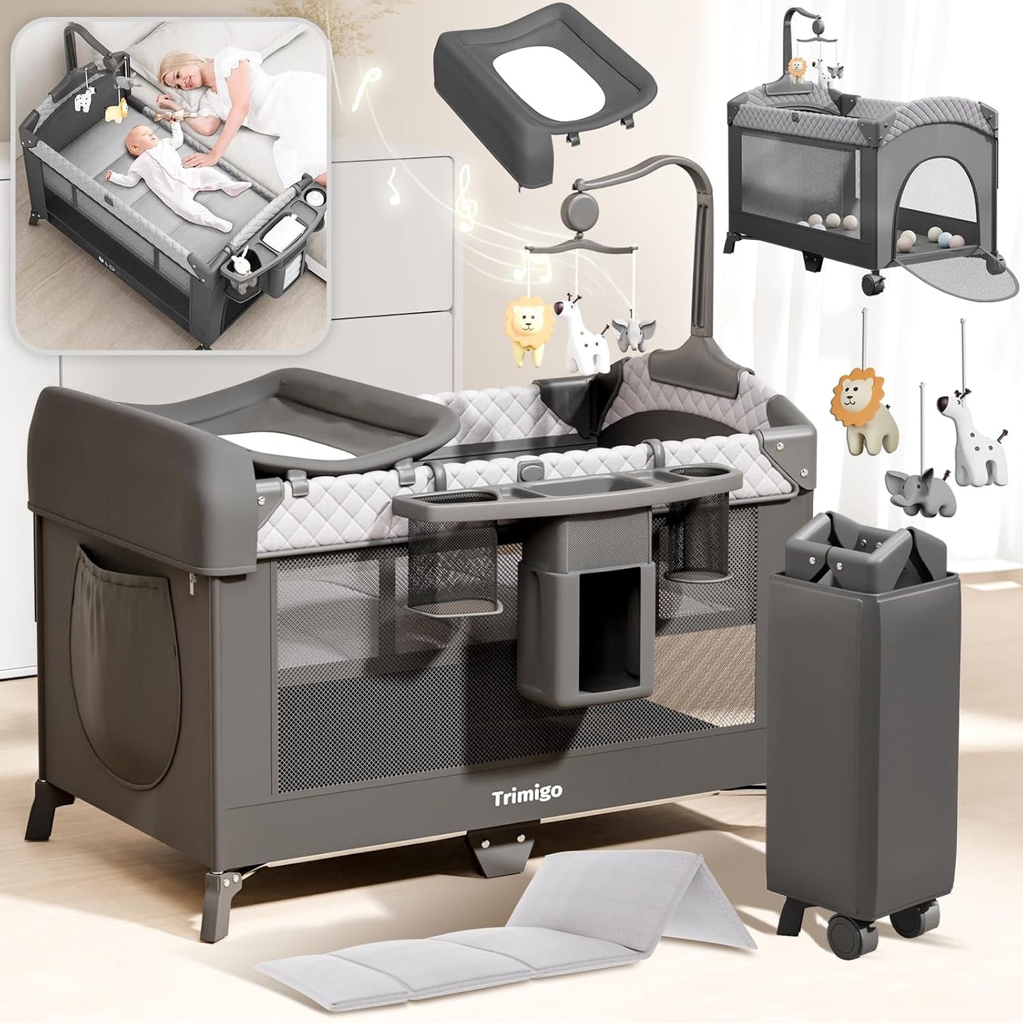 4-in-1 Baby Cot, Travel Cot, Height Adjustable, Children's Travel Cot & Side Cot, 120 x 70 cm, Foldable with Changing Mat, Playpen, Mosquito Net, Up to 15 kg