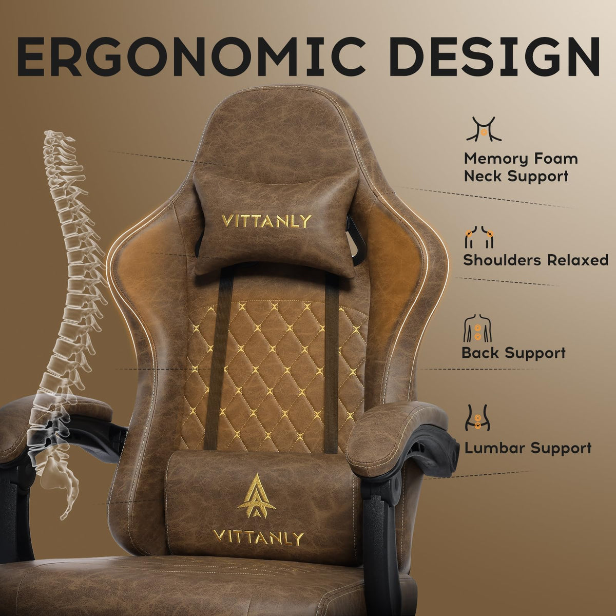 Vittanly Gaming Chair with Spring Cushion, Ergonomic Gaming Chair, Gamer Chair with Headrest, Lumbar Cushion and Footrest, Height-Adjustable Rotating Gaming Chair, Office Chair, 150 kg, Black