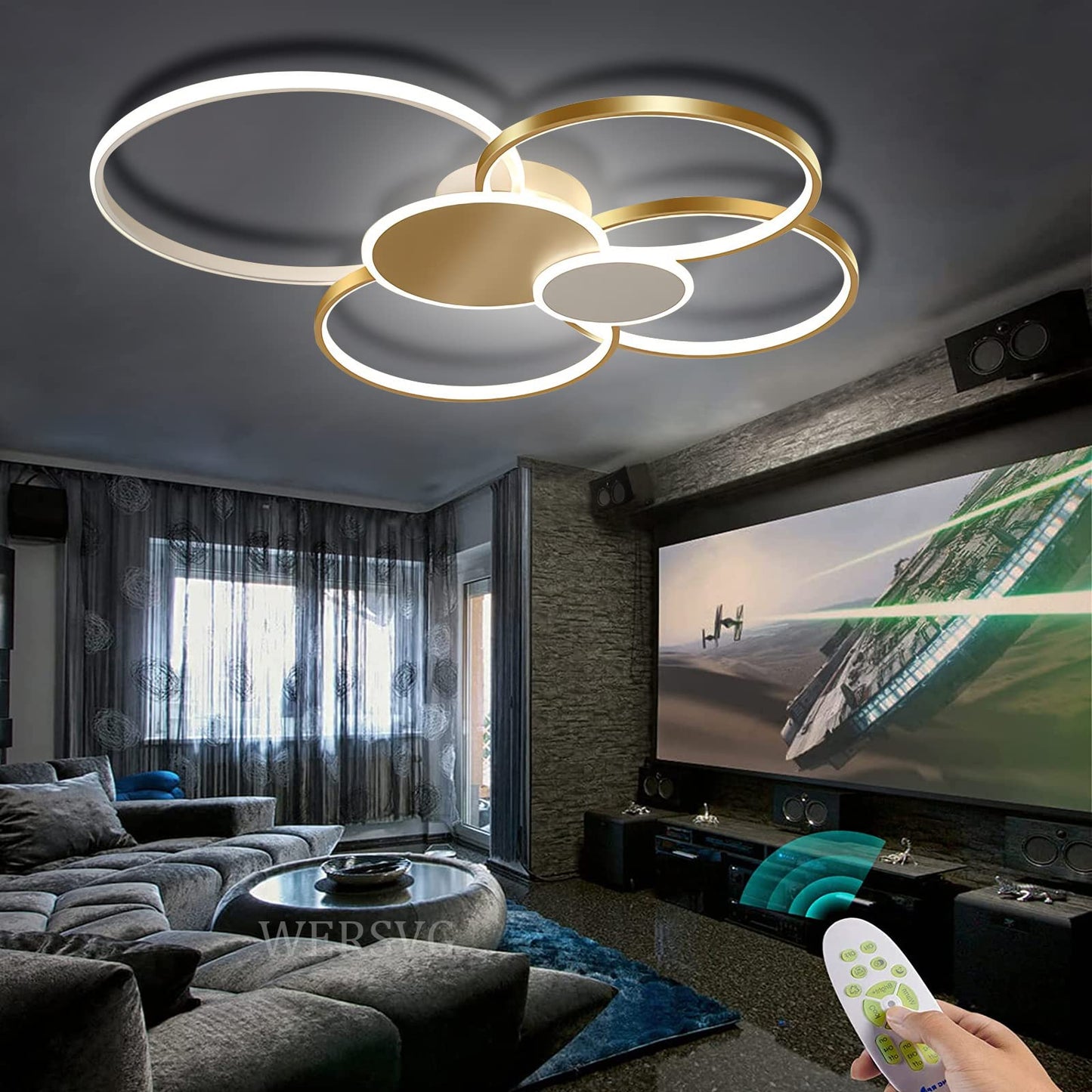 WERSVG L80cm Modern LED Deckenleuchte Wohnzimmer Deckenlampe gold 6-Ring Deckenleuchte 70W 5600LM Dimmbar 3500K - 6500KMit Fernbedienung flurlampe decke, für Wohnzimmer Schlafzimmer Küche Esszimmer