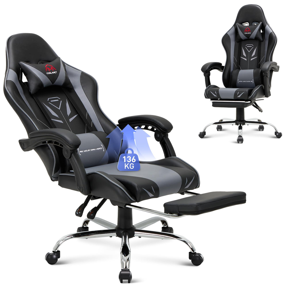 COLAMY Gaming Chair, Computer Chair with Footrest and Lumbar Support, Height-Adjustable Gaming Chair with 360° Swivel Seat and Headrest, Video Gamer PC Chair, Ergonomic High Backrest, Red