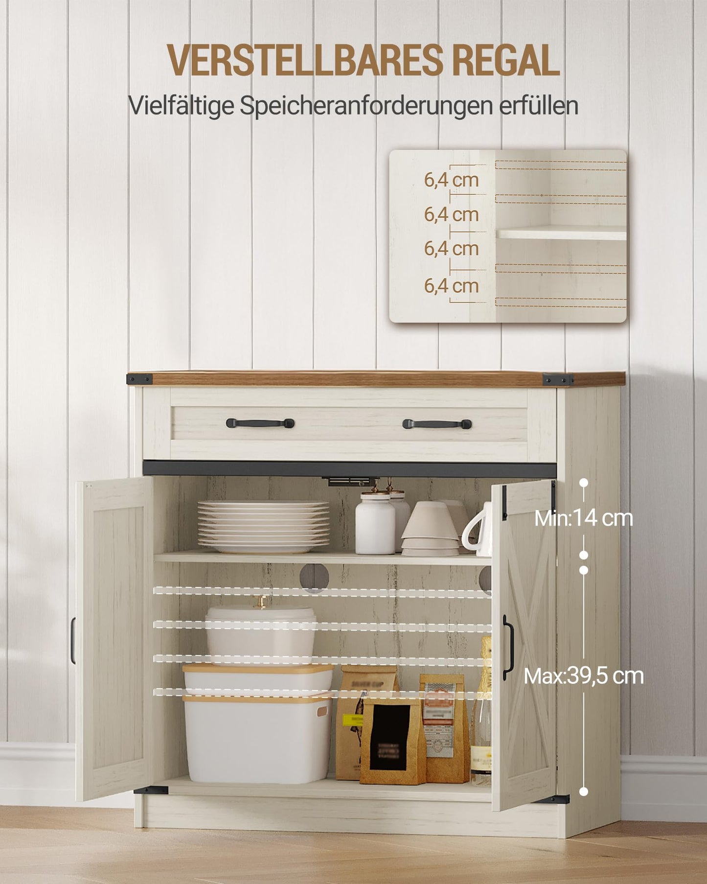 Hzuaneri SC94814X Kitchen Cabinet, Sideboard with 1 Drawer, Storage Cabinet with 2 Doors, Adjustable Shelves, Country House Style, Kitchen, Living Room, 40 x 140 x 80 cm, Vintage Brown/White