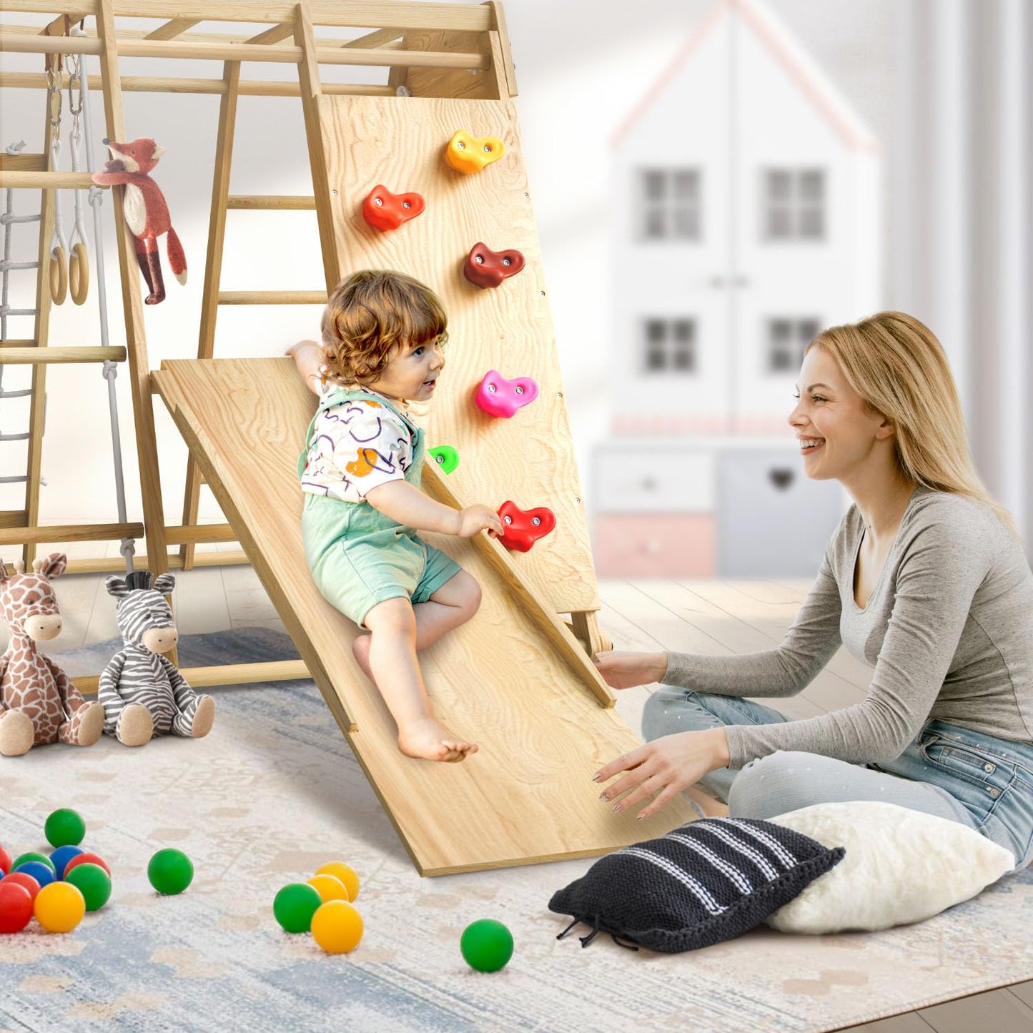 Juskys Mini Climbing Frame for Children - Indoor Playground with Slide, Climbing Wall, Climbing Net & Gymnastics Rings - Wooden Climbing Tower Foldable - Natural