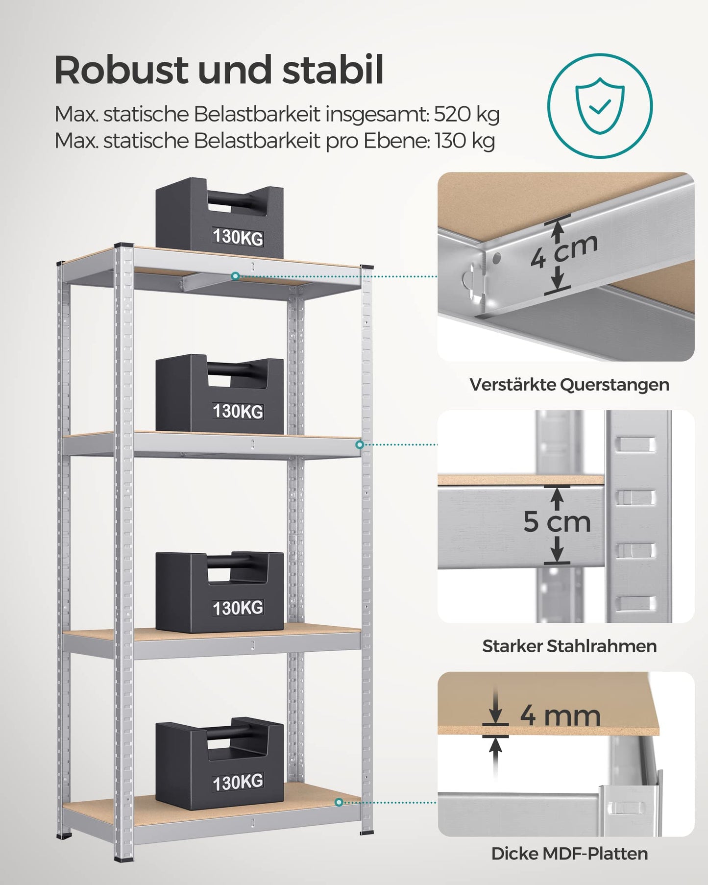 SONGMICS Heavy Duty Shelving Unit Set of 2 Cellar Shelves Storage Shelves 40 x 80 x 160 cm Shelf with Steel Frame Maximum Load 520 kg 4 Adjustable Shelves Silver GLR044E02