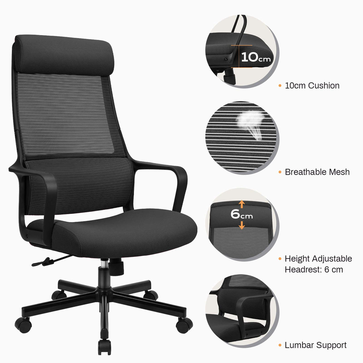 Ergonomic Office Chair with Height Adjustable Headrest, High Back, Lumbar Support, Silent Casters, Heavy Duty Chair for Conference Workspace Area, EN1335 Standard (Grey)