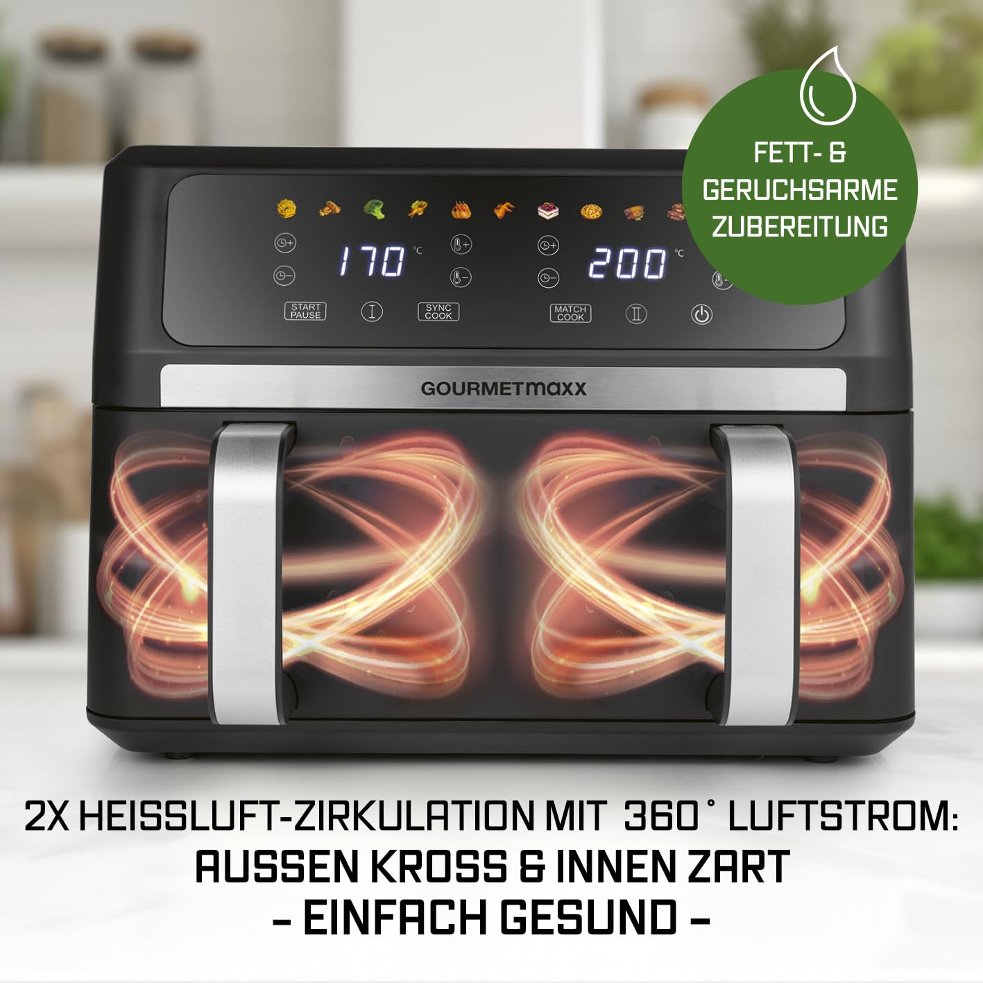 GOURMETmaxx Digitale Heißluftfritteuse 12 L, XXL-Edelstahl-Ofen | Airfryer + Timer, Touchdisplay, Drehspieß | fettarm, energiesparend frittieren | 10 Programme inkl. Pizza | 1800 W