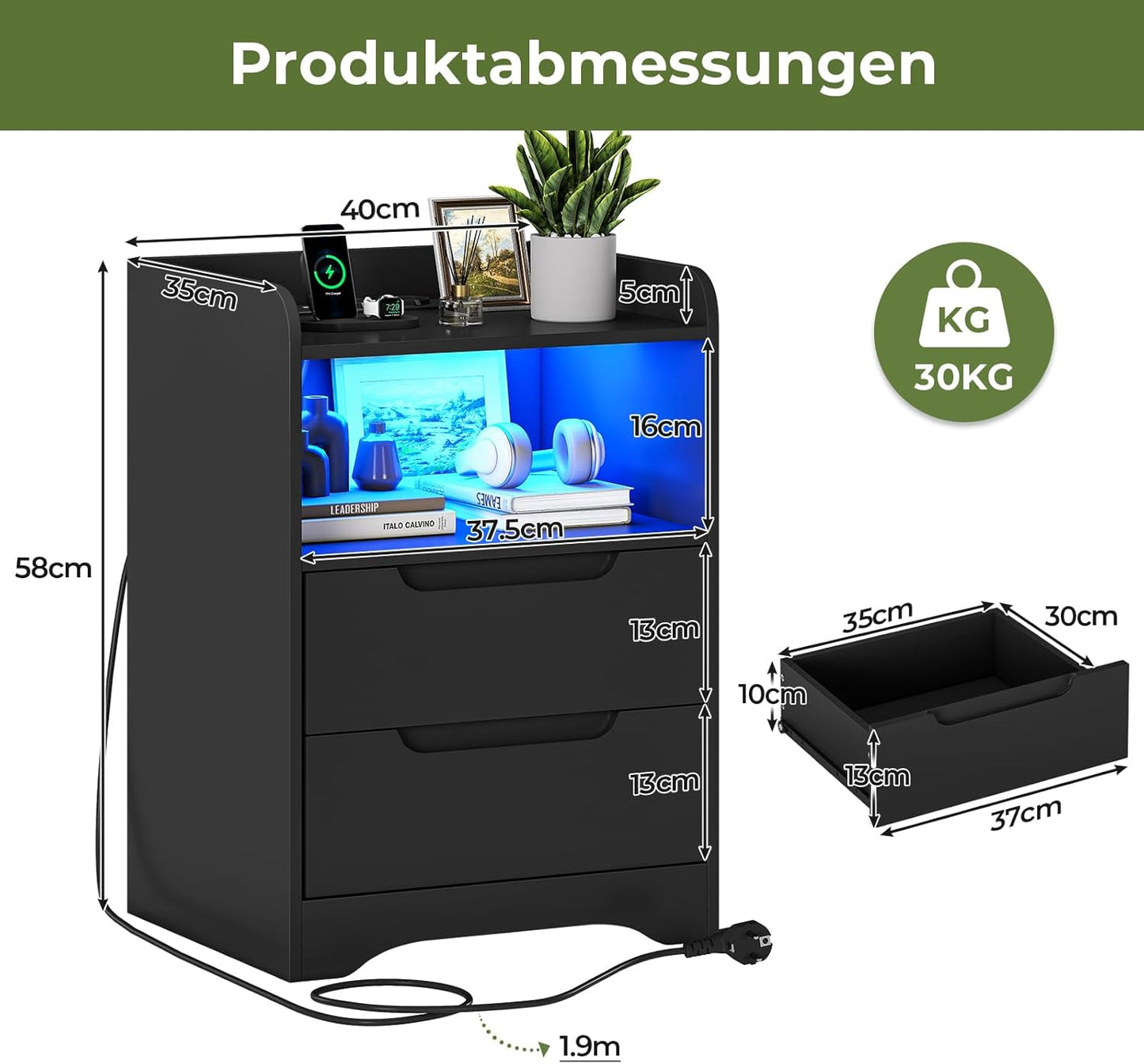 Bedside Table Set of 2 Bedside Tables with Charging Function and LED Light, Bedside Table, Set of 2 with 2 Drawers, Black Side Table, Black Coffee Table, Sofa Table for Bedroom, Living Room