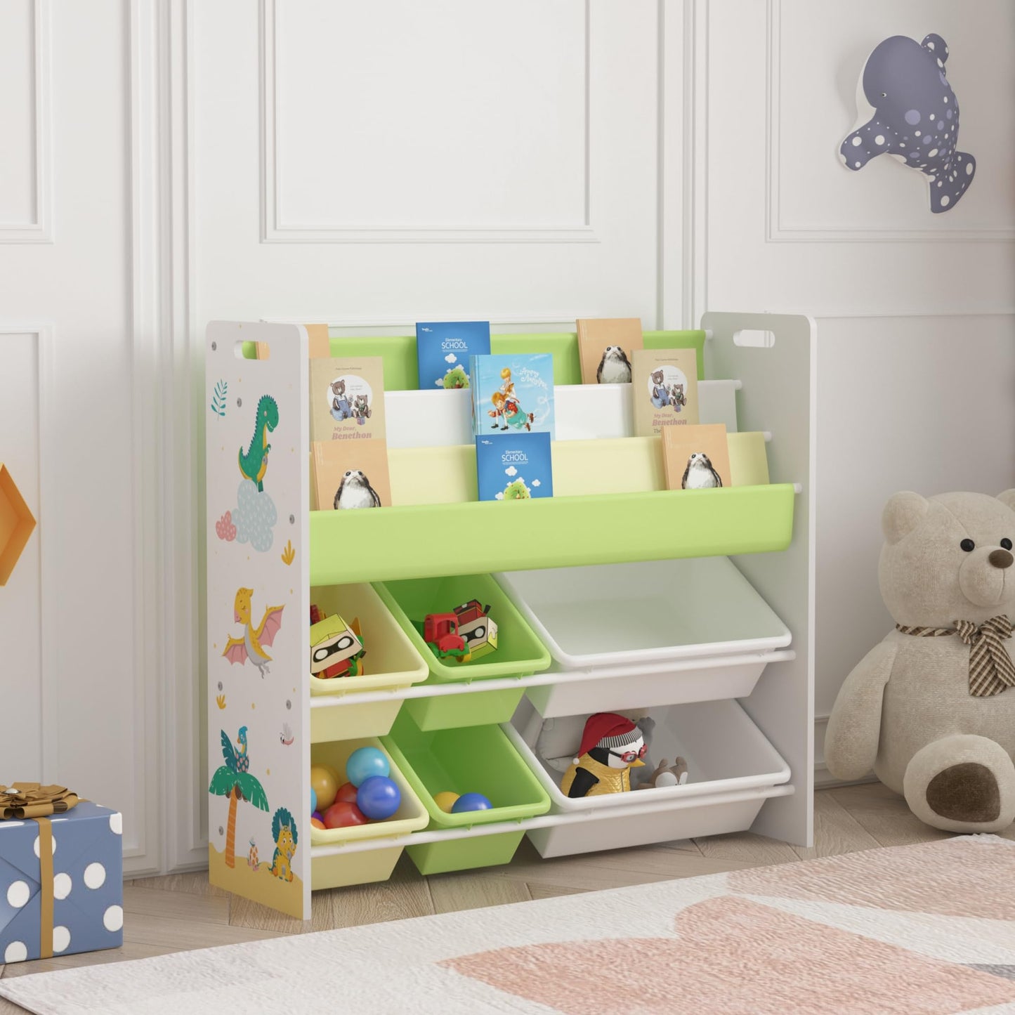 [en.casa] Kinderregal Rødøy Bücherregal für Kinder mit 6 Kisten Spielzeugregal 78 x 86 x 27 cm Spielzeug Aufbewahrung Koala Motiv