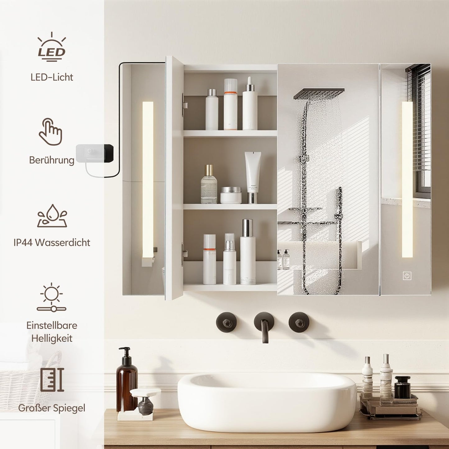 TUKAILAI Mirror Cabinet with LED Lighting, 6 Open Shelves and Adjustable Shelves, Bathroom Mirror with Touch Switch, Bathroom Mirror, Light Mirror, Wall Mirror, Bathroom Cabinet for Bathroom