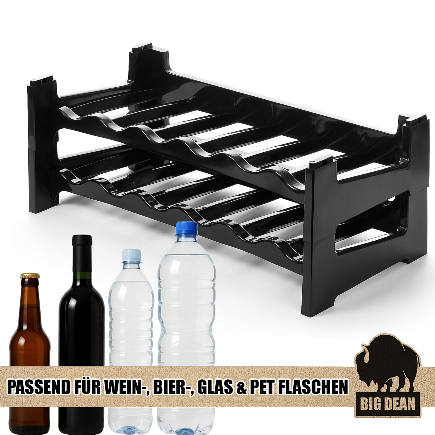 BigDean Bottle Rack Stackable for 72 Bottles Wine Rack Made of Plastic Black Drinks Rack Bottles Shelf System for Glass & PET up to 1.5 Litres