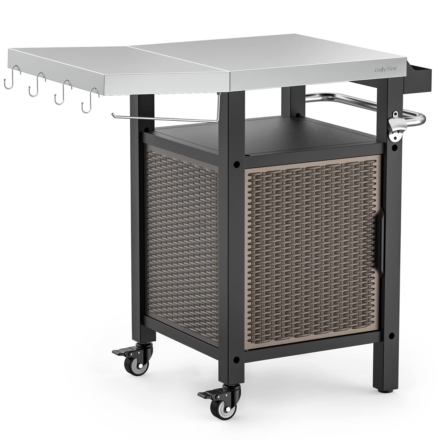 onlyfire Outdoor Barbecue Table, Grill Trolley with Folding Side Shelves, Outdoor Serving Trolley with Wheels, BBQ Table, Outdoor Side Table, Three Levels, Stainless Steel Table Top, 97.5 × 56 × 91 cm