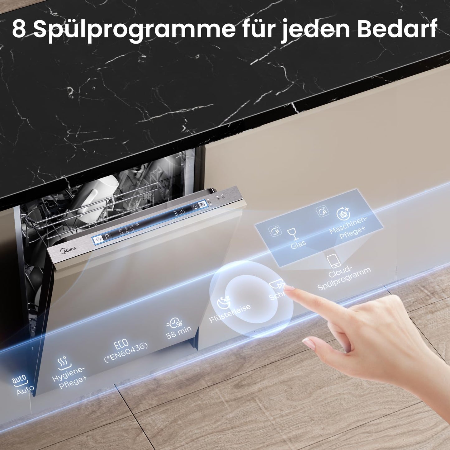 Midea SU 5.35X14CS Dishwasher Base, 14 MGD, Dishwasher 60 cm, Home Connect, Hygiene Care+, Machine Care +, Extra Drying, Half Load, 44 db, Start Delay, Stainless Steel
