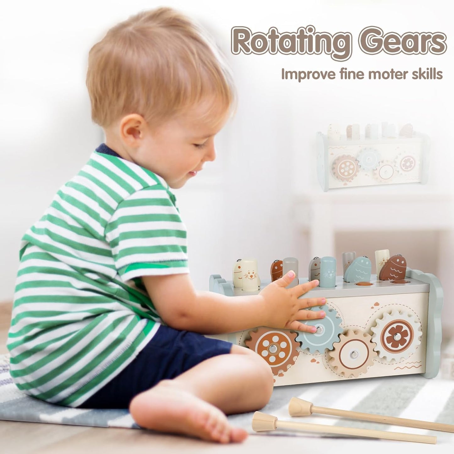 Dinorun Montessori Hammering Toy from 1 Year Old, Wooden Motor Skills Toy, Xylophone, Gift for Children Aged 1, 2, 3, 4 Years, for Girls, Boys