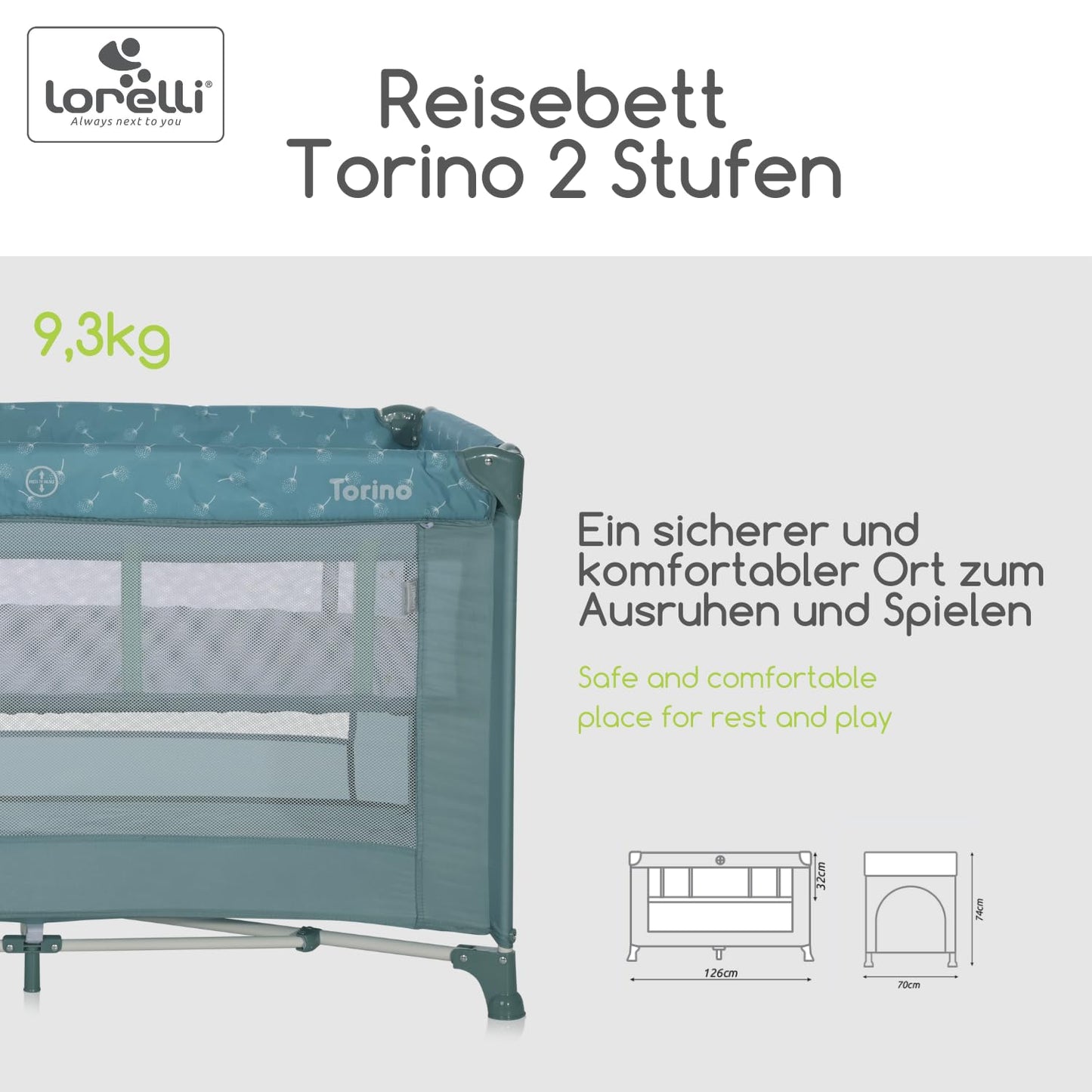 Lorelli Torino 2-in-1 Baby Bed and Playpen 2 Levels with Newborn Insert and Side Entrance, Cot from Birth to 15 kg, Baby Travel Cot, Foldable Including Transport Bag, Dark Grey